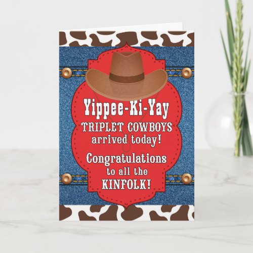 TRIPLET Cowboys Country Western New Baby Congrats Card