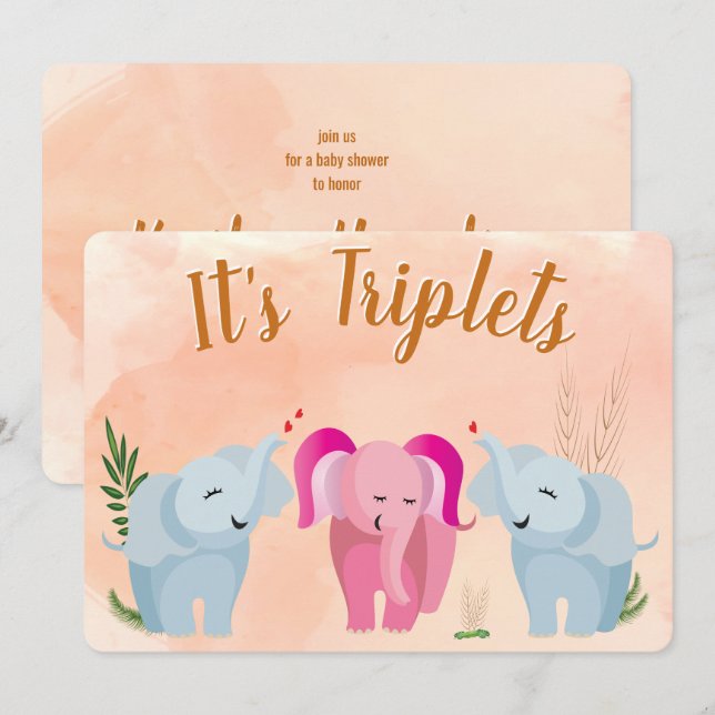 Triplet Elephant Baby Shower Invitation (Front/Back)