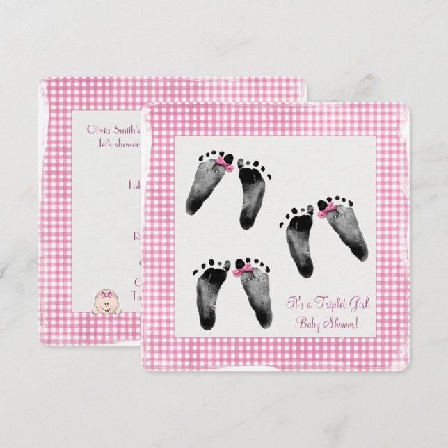 Triplet Girl Baby Shower with footprints Invitation (Front/Back)