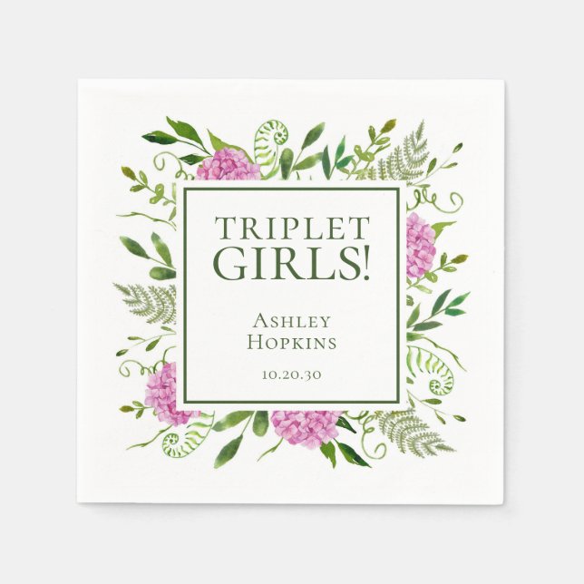 Triplet Girls Pink Hydrangeas Girl Baby Shower Napkins (Front)