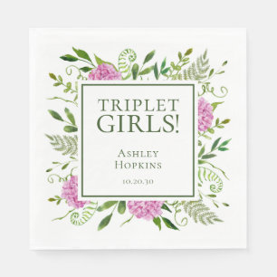 Triplet Girls Pink Hydrangeas Girl Baby Shower Napkins
