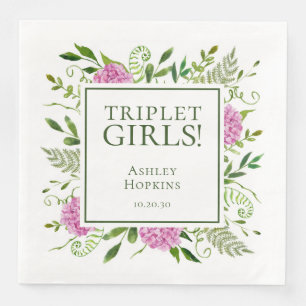 Triplet Girls Pink Hydrangeas Girl Baby Shower Paper Dinner Napkins