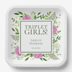 Triplet Girls Pink Hydrangeas Girl Baby Shower Paper Plates