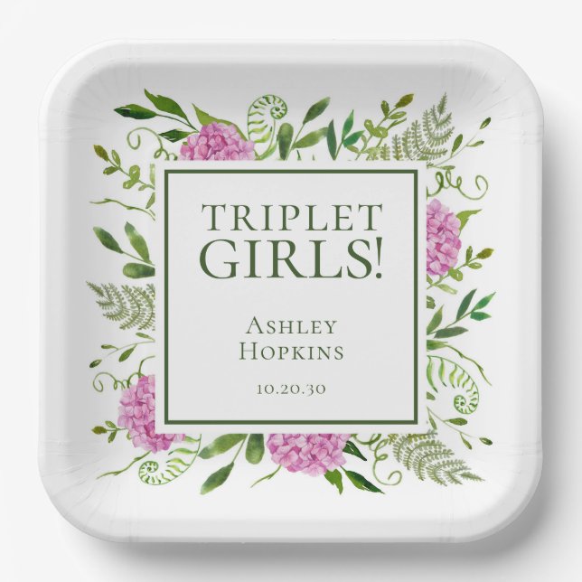 Triplet Girls Pink Hydrangeas Girl Baby Shower Paper Plates (Front)
