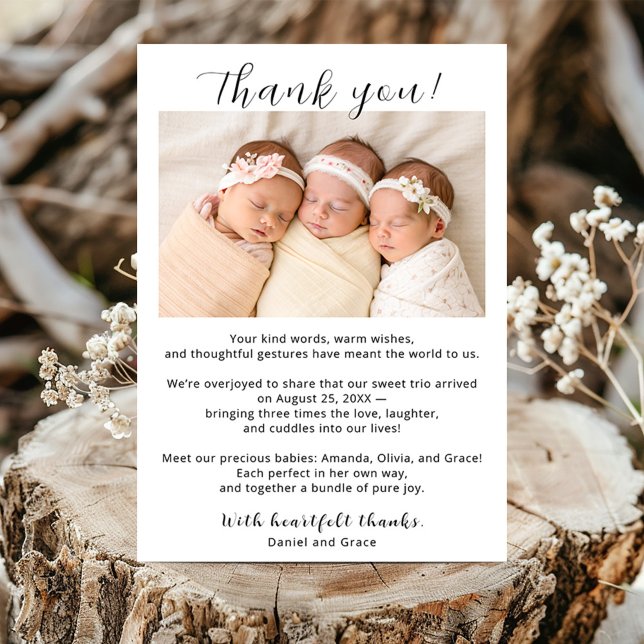 Triplet Girls Thank You Card with Photo (Creator Uploaded)