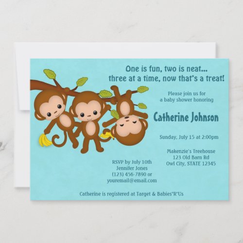 TRIPLET Monkeys Baby Shower Invitations BLUE MM2