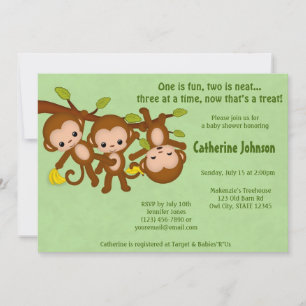 TRIPLET Monkeys Baby Shower Invitations GREEN MM2