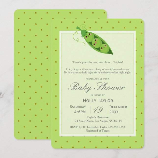 Triplet Peas in a Pod Baby Shower Invitation (Front/Back)