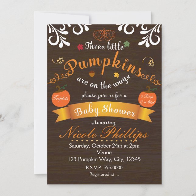 Triplets 3 PUMPKINS Autumn BABY SHOWER Invitation (Front)