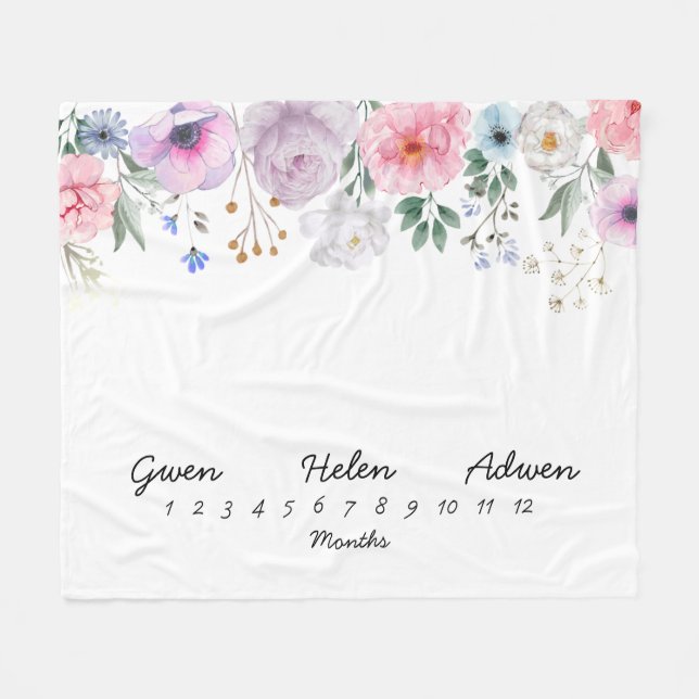 Triplets 50x60 Month Milestone Flower Blanket (Front (Horizontal))