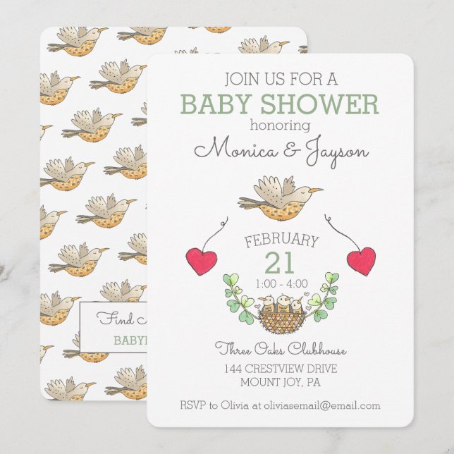 Triplets Baby Shower Bird and Nest Invitation (Front/Back)