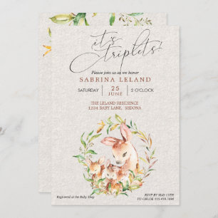 Triplets Baby Shower Deer Fawns in Leafy Wreath Invitation