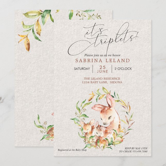 Triplets Baby Shower Deer Fawns in Leafy Wreath Invitation (Front/Back)
