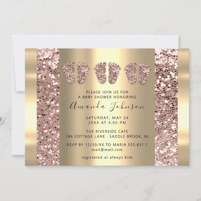 Triplets Baby Shower Feet Rose Glitter Boy Girly Invitation (Front)