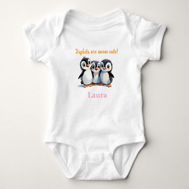 Triplets Baby Shower Gift, Penguins, With Names, Baby Bodysuit (Front)