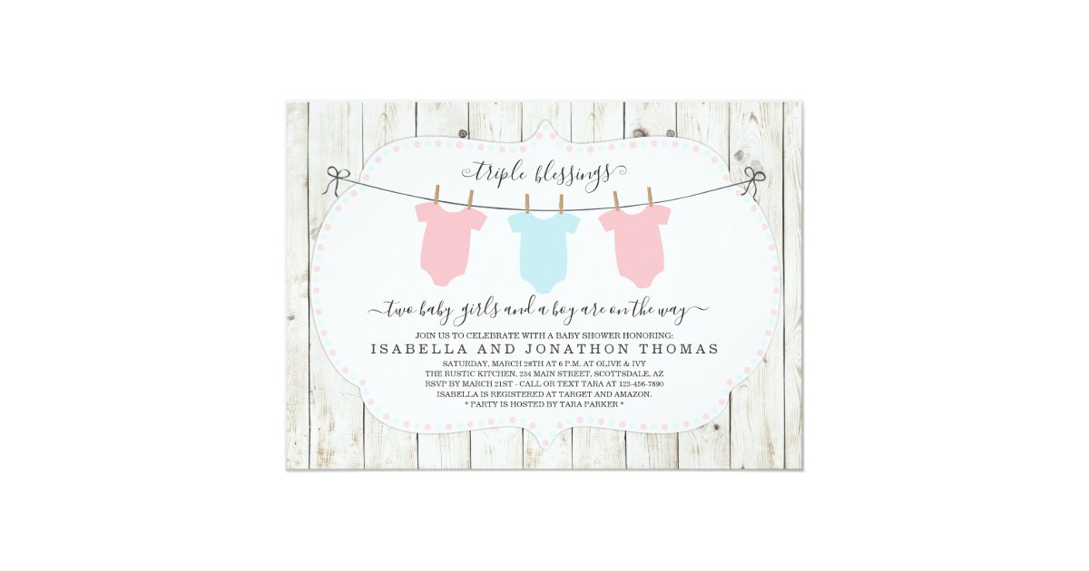 Triplets Baby Shower Invitation - 2 Girls & 1 Boy | Zazzle.com