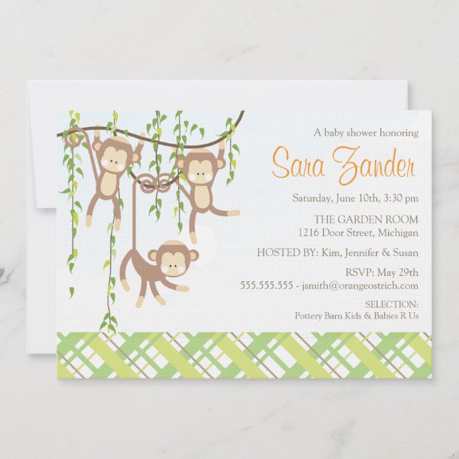 Triplets Baby Shower Invitation - Monkeys (Front)