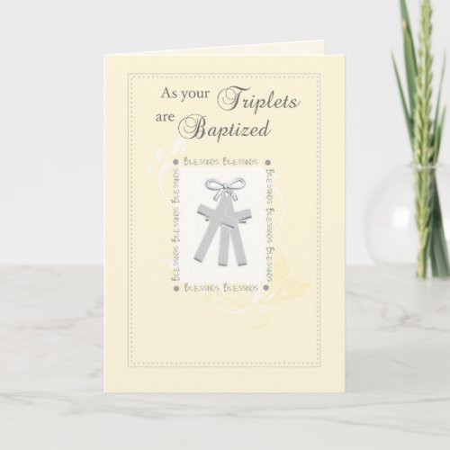 Triplets Baptism Card in Yellow with 3 Crosses