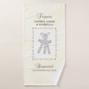 Triplets Baptism on Yellow 3 Crosses Personalized Bath Towel