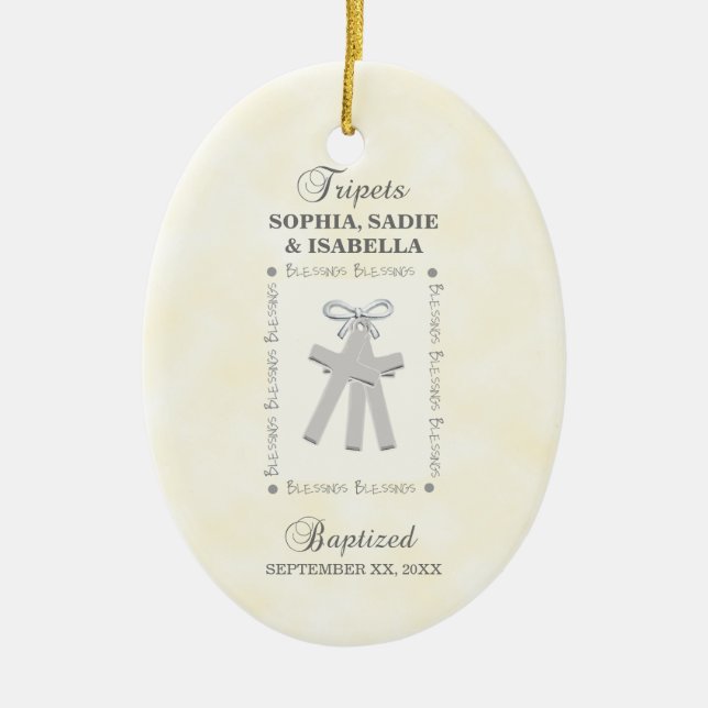 Triplets Baptism on Yellow 3 Crosses Personalized Ceramic Ornament (Front)