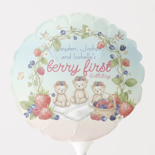 Triplets Berry First Birthday Party Balloon (Front)