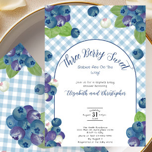 Triplets Berry Sweet Blue Gingham Baby Shower Invitation