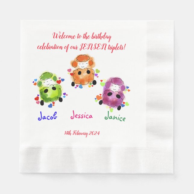 Triplets birthday celebration napkins (Front)
