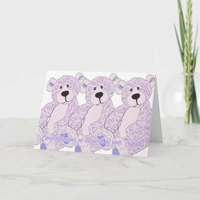 Triplets Congratulations Teddy Bear in pink Card (Front)