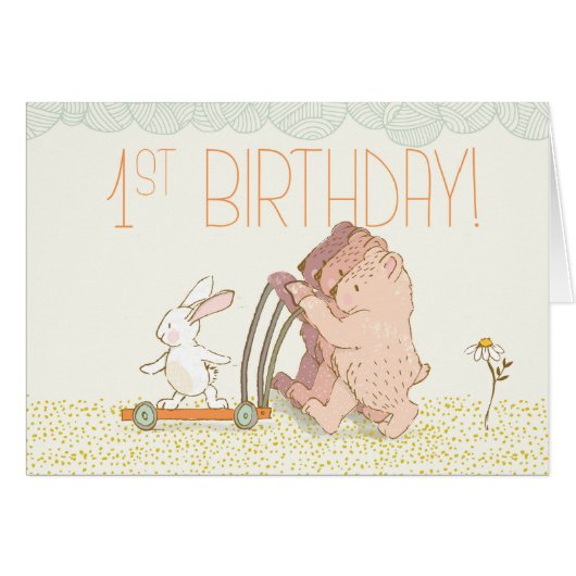 Triplets First Birthday Walking Bear and Rabbit Cards (Front Horizontal)