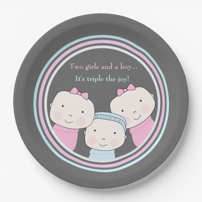 Triplets Girl Boy Pink Blue Baby Joy Trio Paper Plates (Front)
