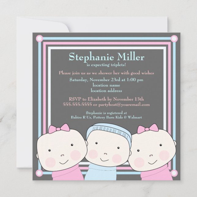 Triplets Girl Boy Pink Blue Baby Shower Invitation (Front)