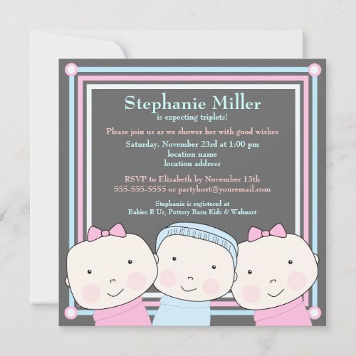 Triplets Girl Boy Pink Blue Baby Shower Invitation