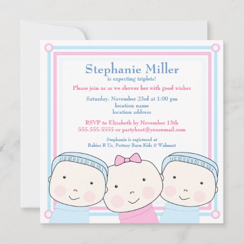 Triplets Girl Boy Pink Blue Baby Shower Invitation