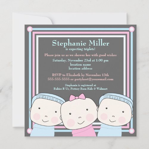 Triplets Girl Boy Pink Blue Baby Shower Invitation