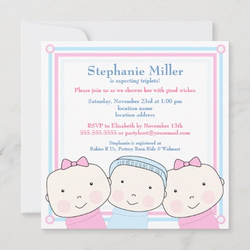 Triplets Girl Boy Pink Blue Baby Shower Invitation