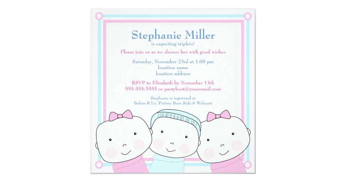 Triplets Girl Boy Pink Blue Baby Shower Invitation | Zazzle.com