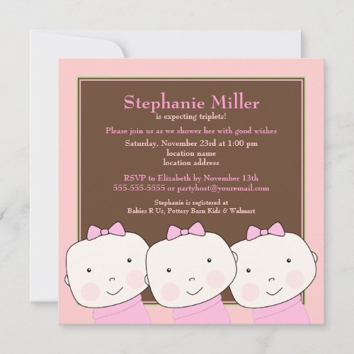 Triplets Girl Pink Brown Baby Shower Invitation