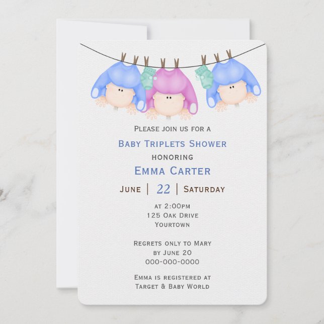 Triplets On Clothesline Baby Shower  Invitation (Front)
