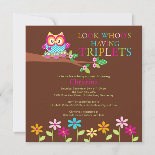 Triplets Owl Baby Shower Invitations (Front)