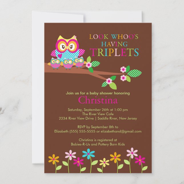 Triplets Owl Baby Shower Invitations (Front)