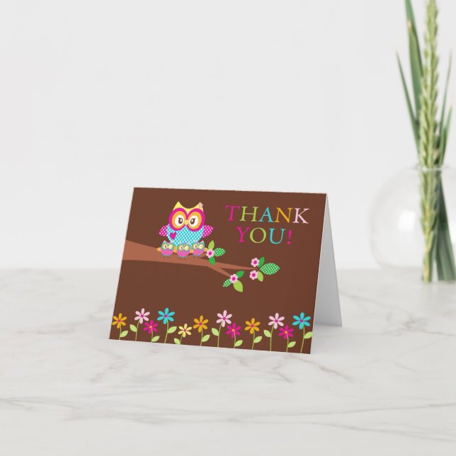 Triplets Owl Thank You Note Card (Front)
