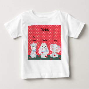 Triplets Tee Shirt for Boy in Red with Animals