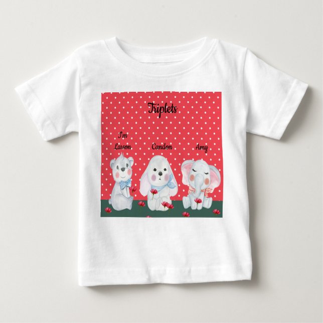 Triplets Tee Shirt for Boy in Red with Animals (Front)