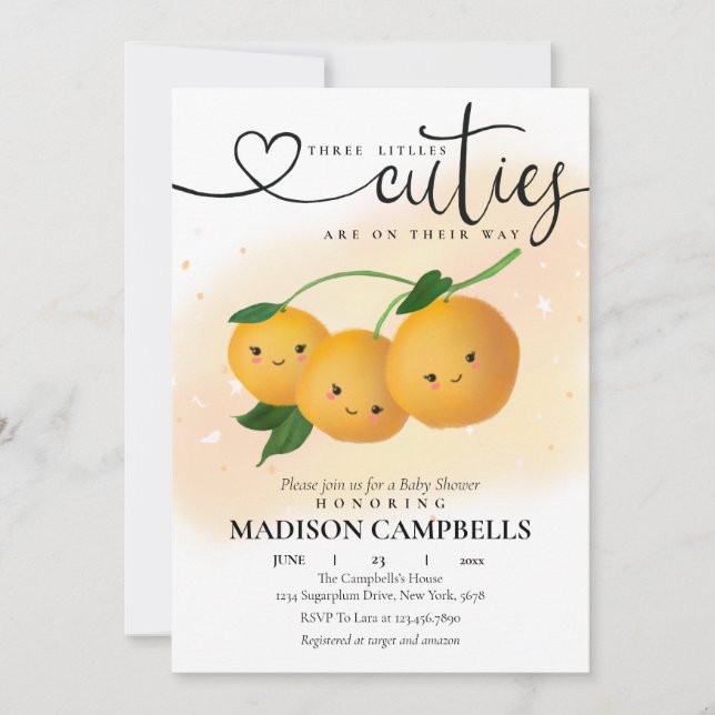 Triplets three Little Cuties Are On The Way Invitation (Front)