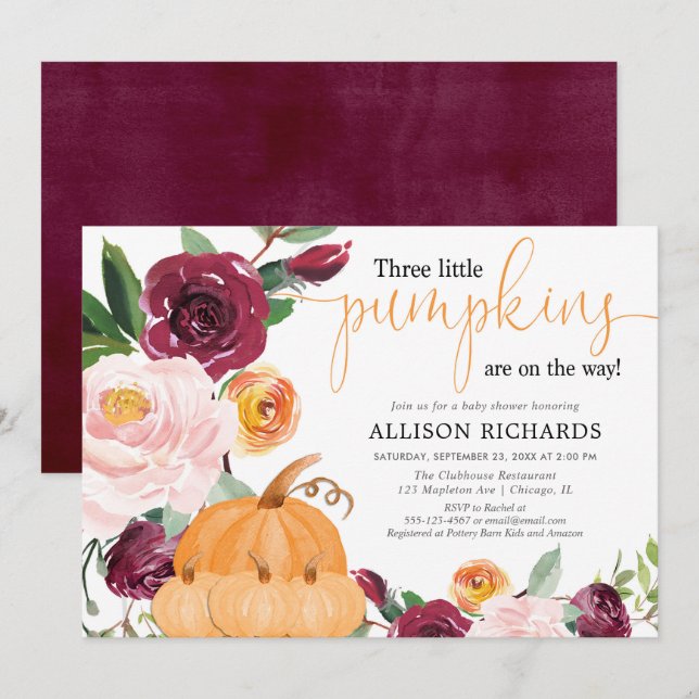 Triplets three little pumpkins fall baby shower invitation (Front/Back)
