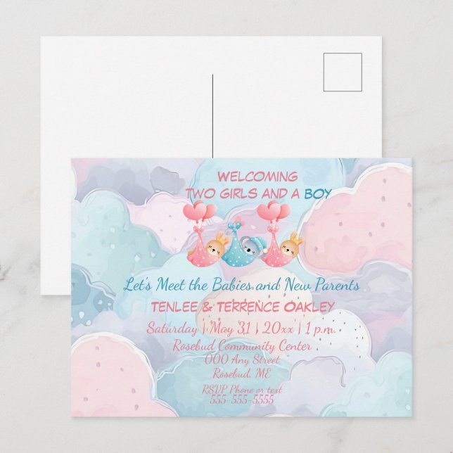 Triplets Two Girls and A Boy Shower Invite (Front/Back)