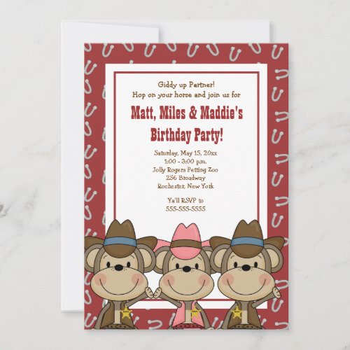 TRIPLETS Western Cowboy Monkeys 5x7 Birthday Invitations