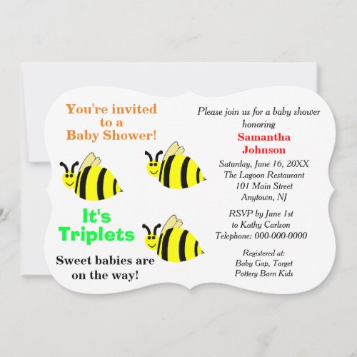 Triplets Yellow Bee Baby Rattles Baby Shower Invitation