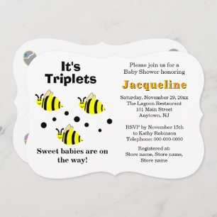 Triplets Yellow Bee Baby Rattles Baby Shower  Invitation