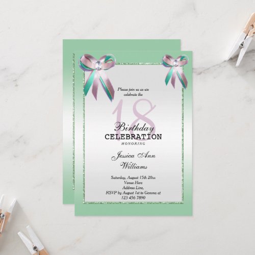 Tripple Gem Bow  Glitter 18th Birthday  Invitation